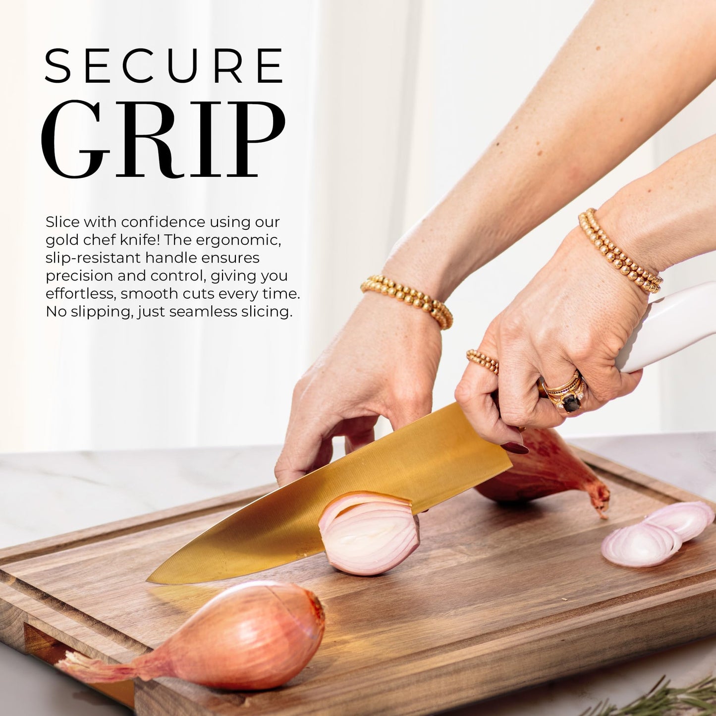 STYLED SETTINGS White and Gold Knife – Stainless Steel Chef Knife with Gold Titanium Coating, Precision German Stainless Steel Blade – Luxury Kitchen Accessories - Ideal Cooking Gift