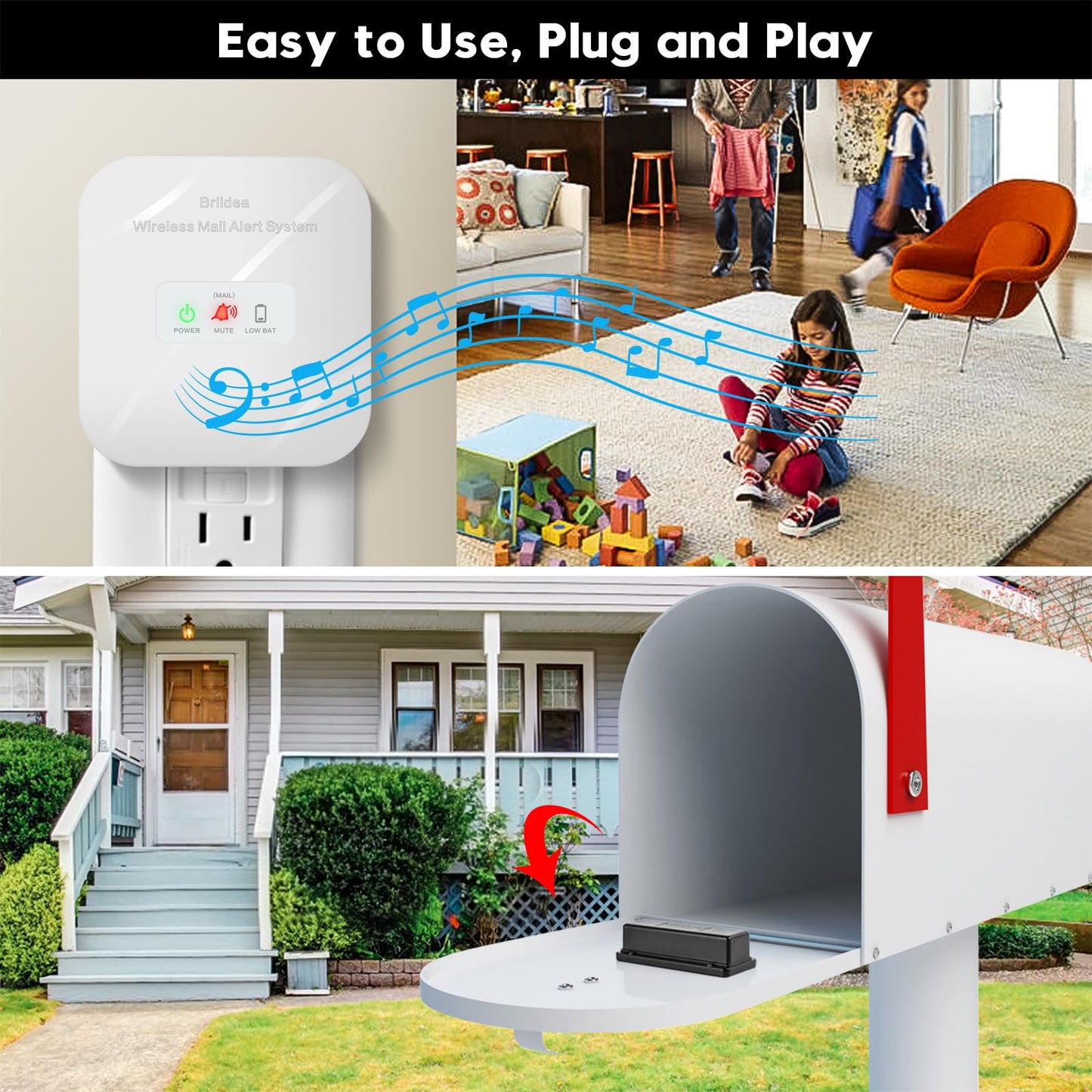 Briidea Mailbox Alarm, Wireless, Battery Powered, White, 500ft Range, LED Flash & Sound Alerts, Low Battery Reminder, Easy Installation, Secure Your Mail & Never Miss an Alert