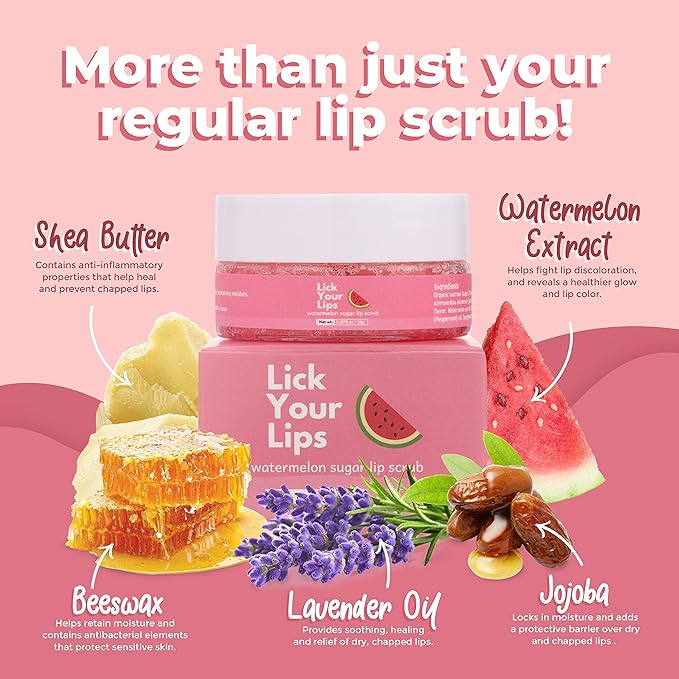 Watermelon Sugar Lip Scrub for Dry, 6-in-1 Lip Care Kit With Lip Sleeping Mask and Silicone Brush, Sugar Scrub, Sheet Mask to Reveal Luscious