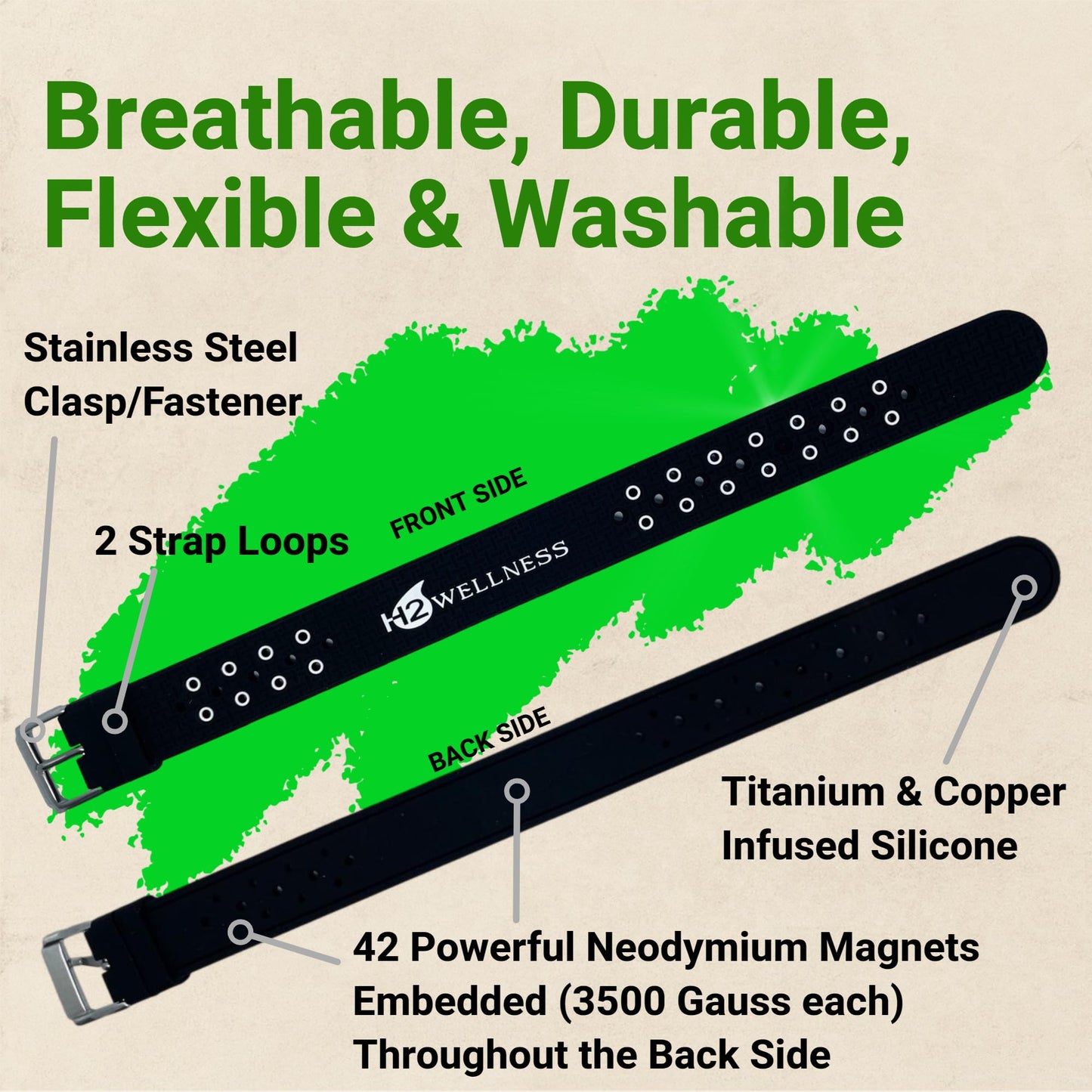 H2WELLNESS Magnetic Therapy Bracelet Super Ultra Strength Waterproof Breathable Comfortable Adjustable Infused with Titanium and Copper Sport Band (Classic Black Clasp Shorter)
