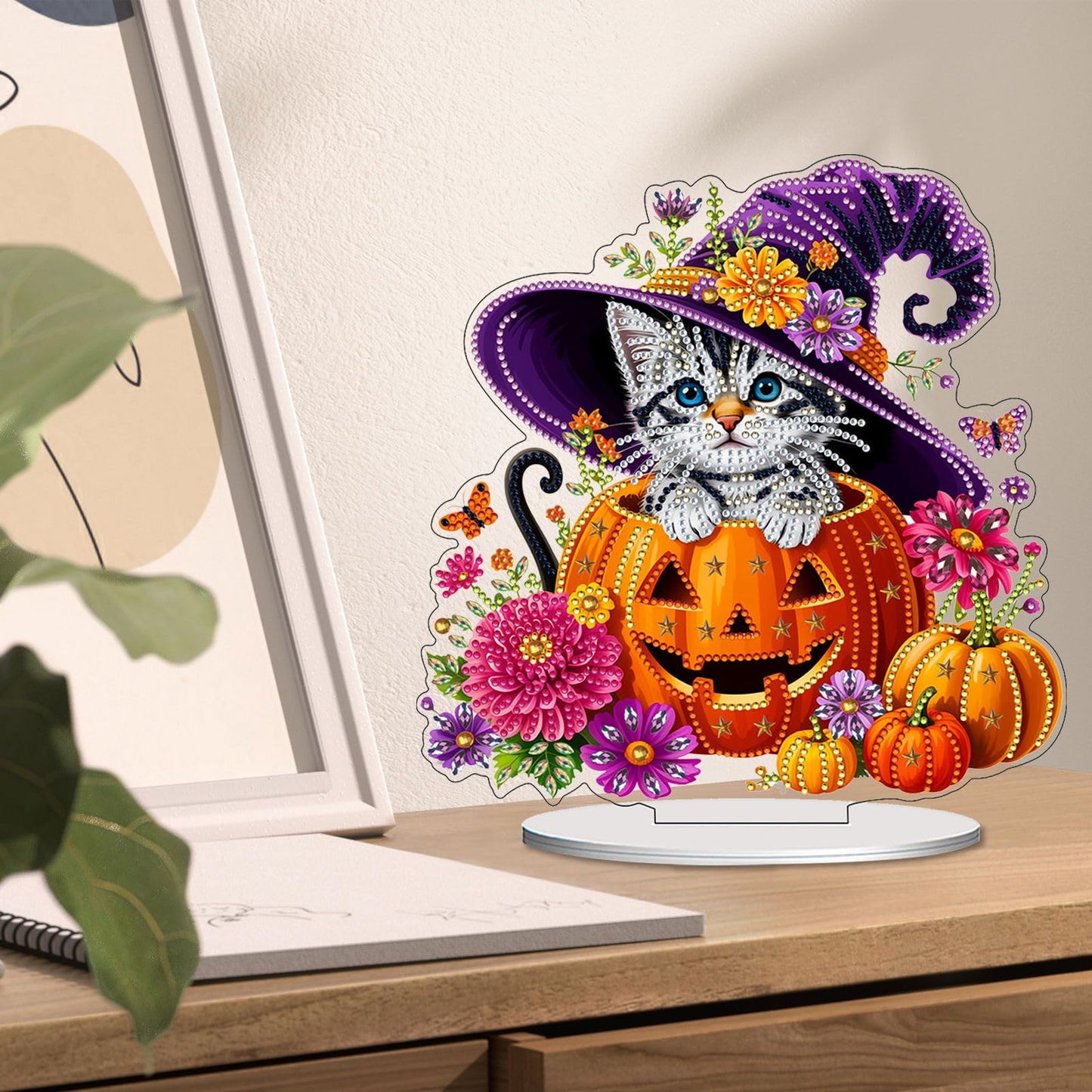 VODAPYC Halloween Diamond Art Tabletop Painting Kit, DIY Stand Up Double Sided Special Shaped Diamond Painting Desktop Ornament(Halloween-Cat)