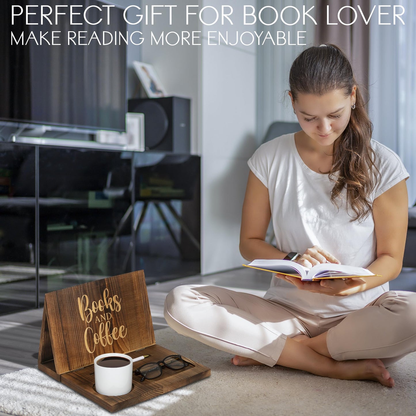 Wooden Book Holder for Page Rest,Book Valet Book Stand with Cup,Glass&Pen Holder,Idea Gift for Book Lover and Table Décor.