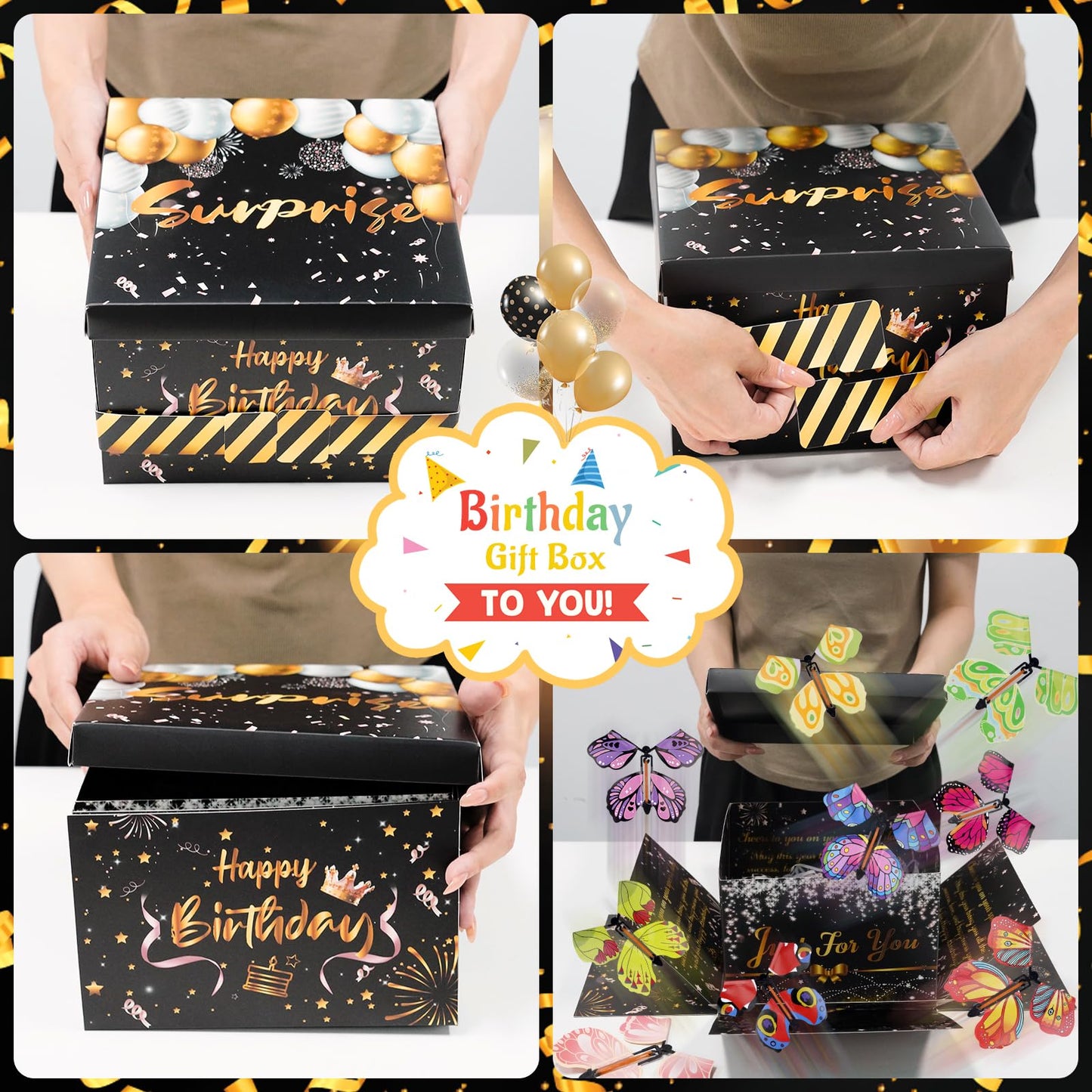 FVNPIHAM Surprise Gift Box Explosion, Birthday Flying Butterfly Explosion Gift Box with 8 Colorful Butterfly Sequins Raffia, Exploding Gifts Boxs for Birthday Gifts Wrapping