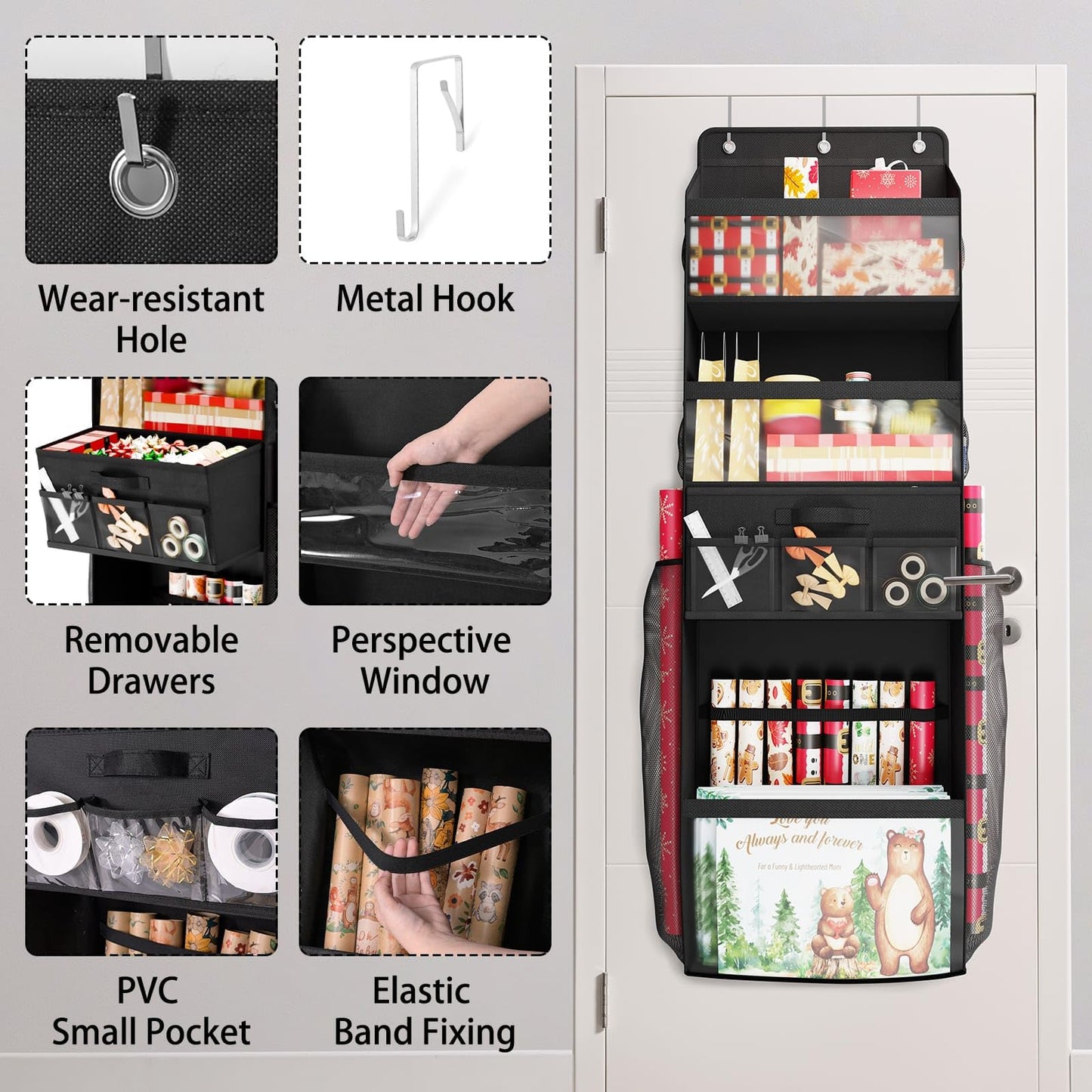 Over Door Wrapping Paper Organizer Storage with Removable Drawer & Side Pockets, Multi-Purpose Over the Door Gift Wrapping Organizer for Gift Bags, Paper, Ribbons, Bows, Ornament and Other Tools