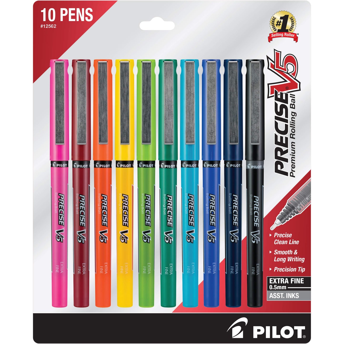 PILOT Precise V5 Stick Liquid Ink Rolling Ball Stick Pens, Extra Fine Point (0.5mm) Assorted Ink Colors, 10-Pack (12562)