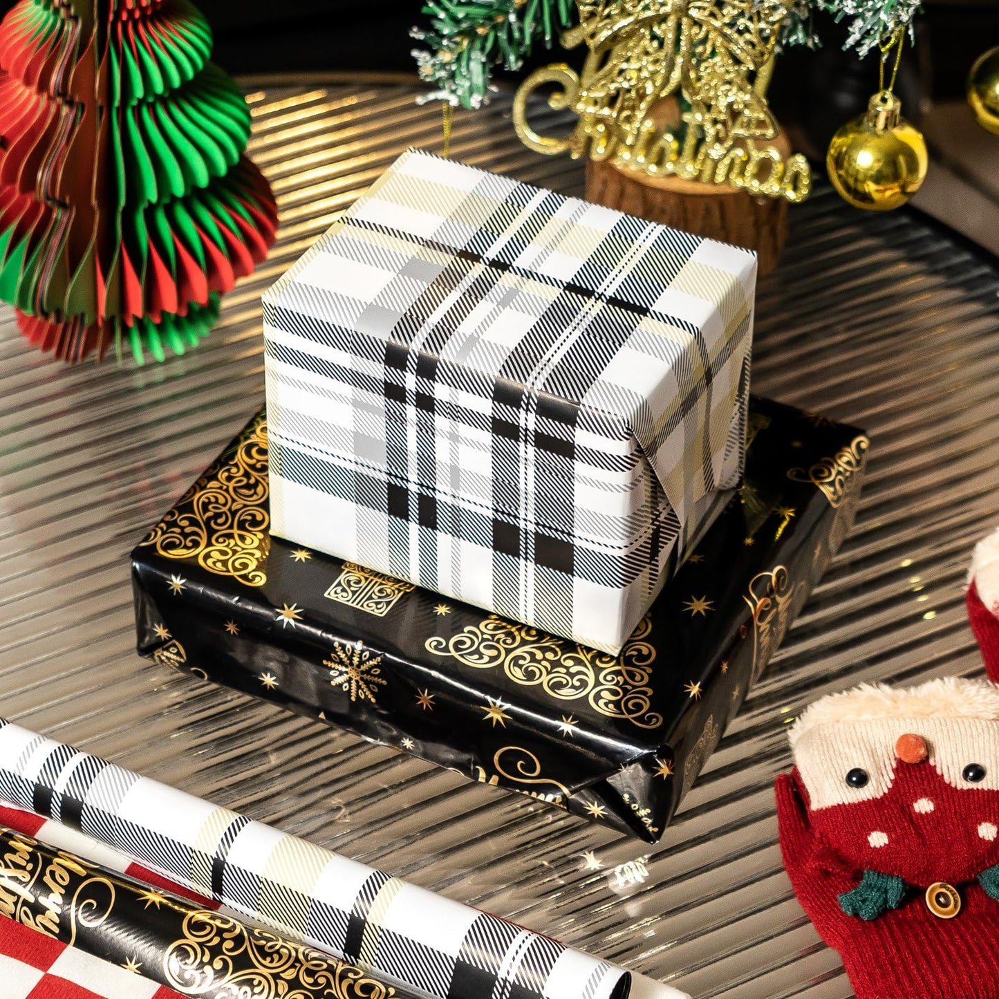 EWES Black Christmas Wrapping Paper Rolls Set, Cute Princess Kids Thick Aesthetic Elegant Girls Girly Heavy Duty Gift Wrap Sheets,Patterns with Christmas Tree,Reversible,Total 48.6sq.ft