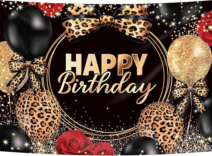 Homewelle Leopard Print Bow Happy Birthday Backdrop 7Wx5H Feet Polyester Fabric Black Gold Red Rose Cheetah Print Bownot Decoration Cool Balloon for Women Girl Photography Background Photo Shoot Props