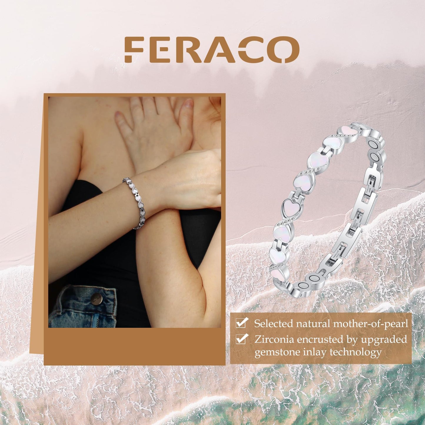Feraco Ultra Strength Magnetic Bracelets for Women with 3800 Gauss Therapy Magnets, Titanium Steel Magnet Bracelet for Women with Natural Fritillaria, Adjustable with Sizing Tool, Original Design