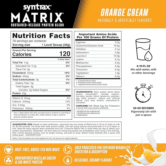 Syntrax Nutrition Matrix, Sustained-Release Protein Blend, Orange Cream, 5 lb