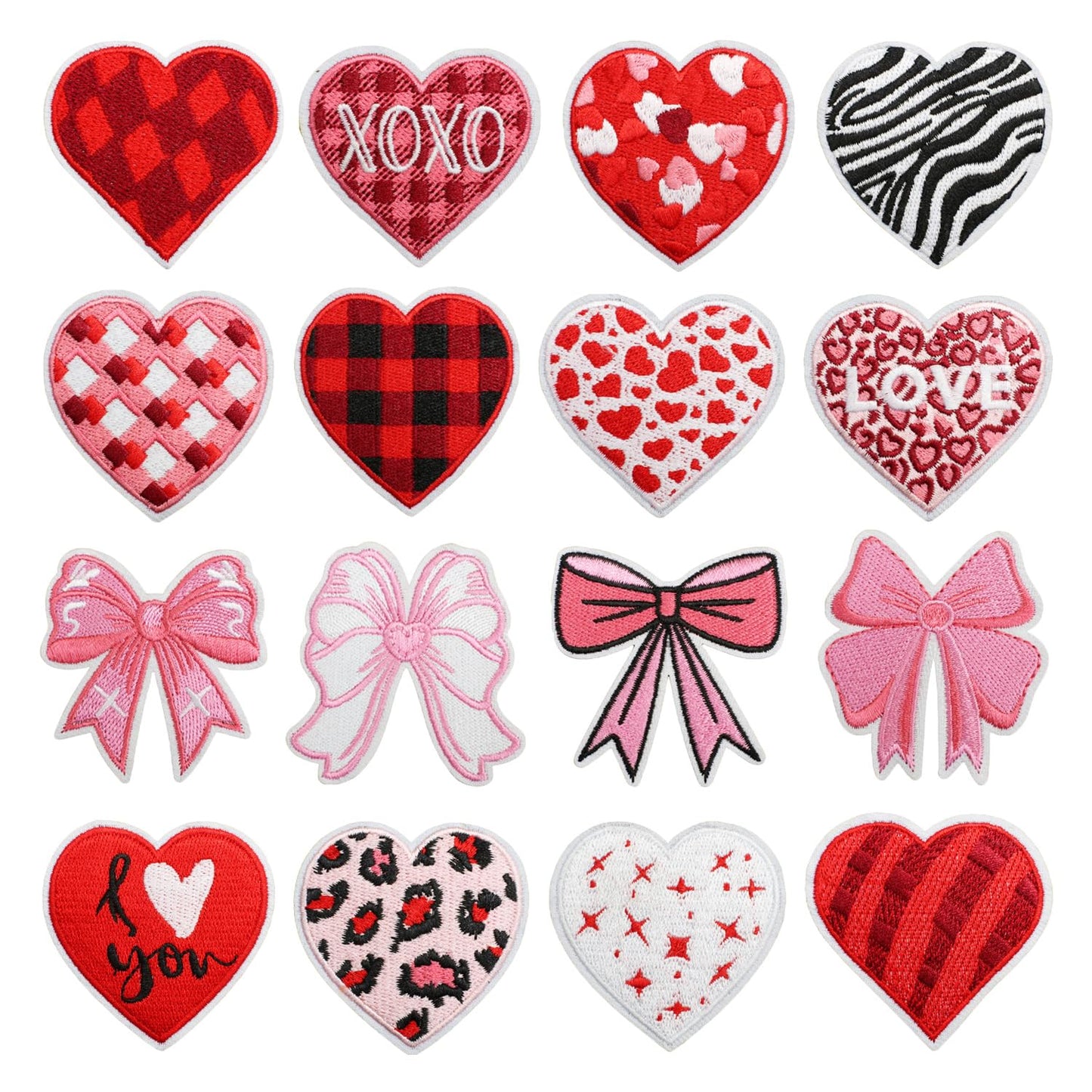 16 Pcs Valentines Iron on Patches Romantic Embroidered Sew Applique Repair Patch for Clothes, Backpacks, Red Love Heart Pink Bow Designs Iron on Patch