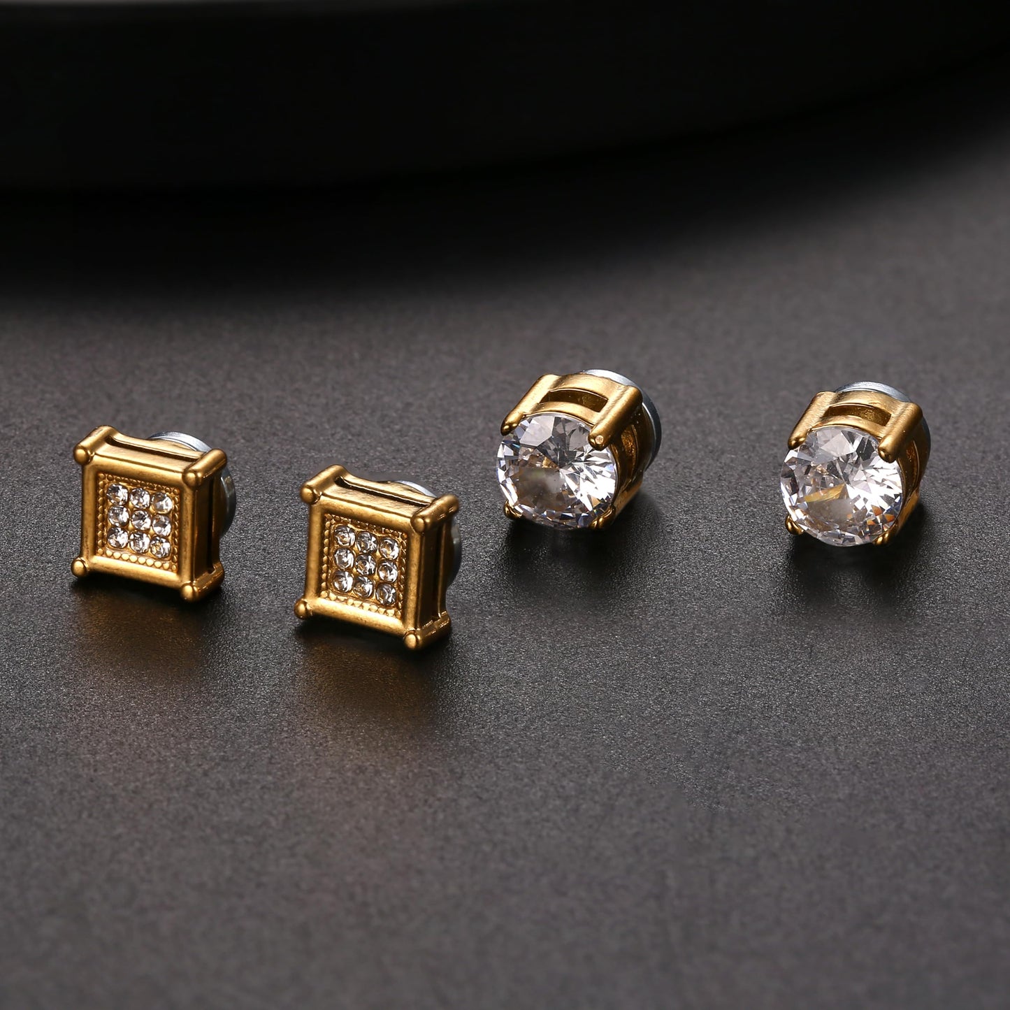 Jstyle 4 Pairs Stainless Steel Magnetic Stud Earrings for Men Women Gold CZ Non-Piercing Clip On Stud Earrings Set 8 MM