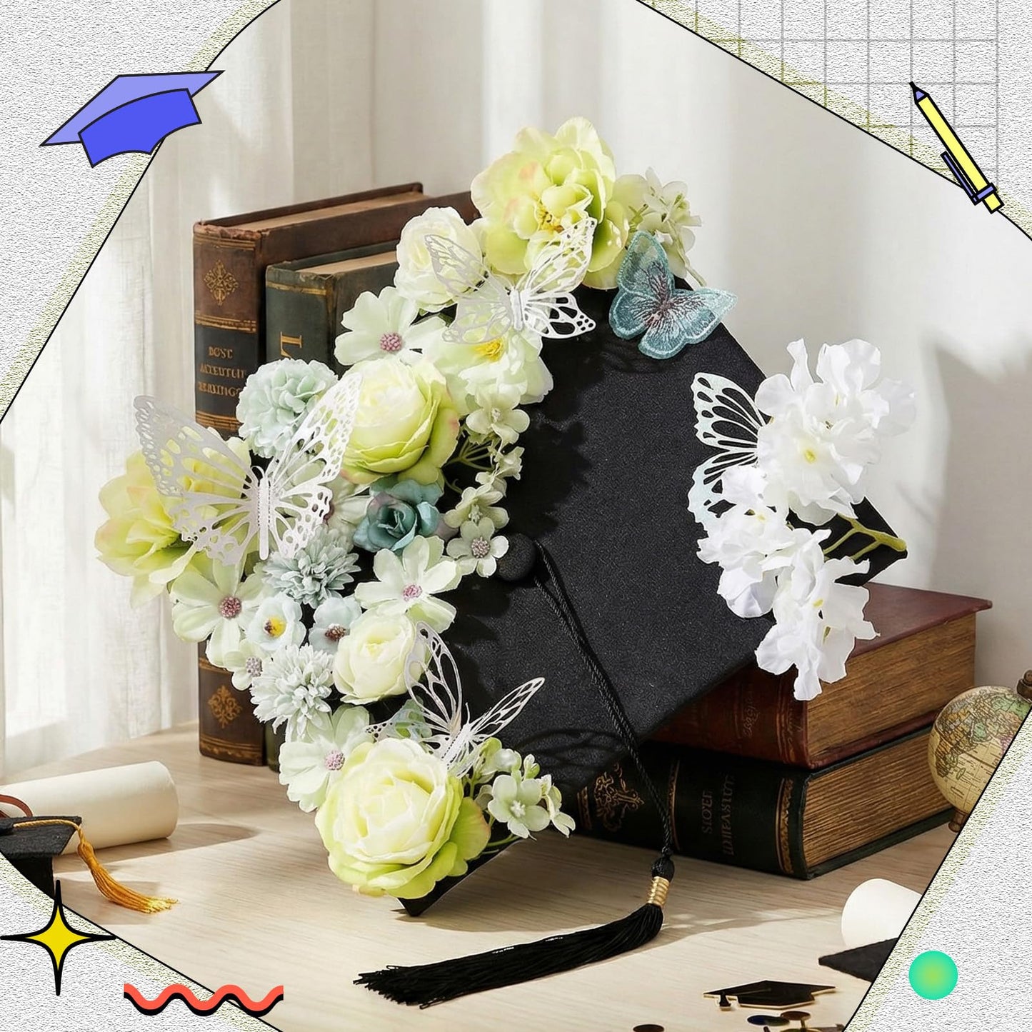 Wavwavw 36 Pcs DIY Graduation Cap Decorations Accessory Kit Include Faux Flower Heads and 3D Glitter Butterfly for Graduation Cap Decoration Home Decor Cake Wreath Craft Decor(Light Green)