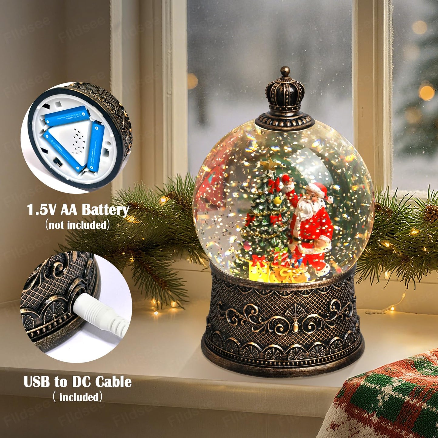 Flldsee Christmas Snow Globe Lantern, Glitter Musical Snowglobe Light with Timer, USB & Battery Powered Music Box, Santa Claus Christmas Tree Gifts, Holiday Decorations Indoor Home Decor