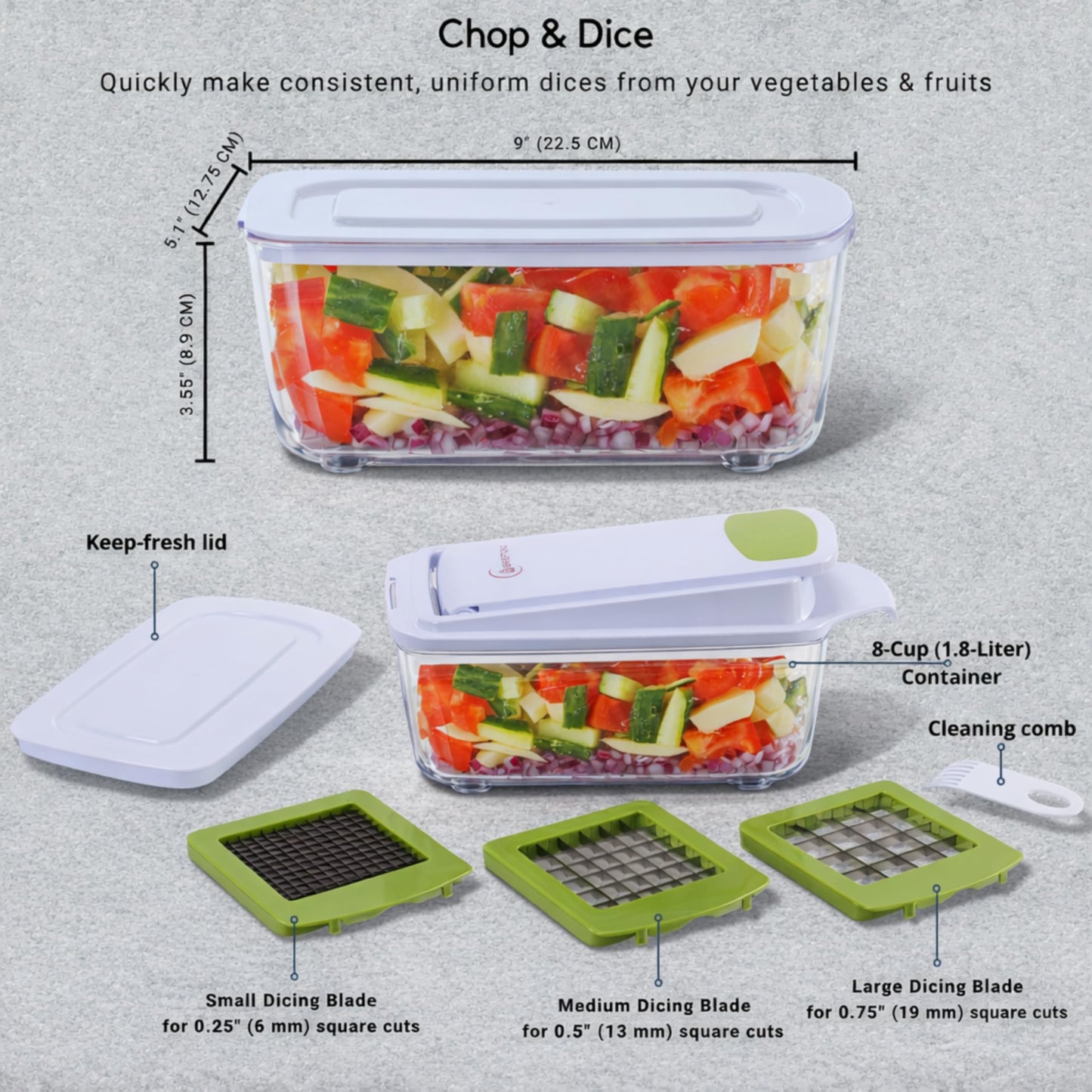 Brieftons QuickPush Food Chopper: Strongest & 200% More Container Capacity, 30% Heavier Duty, For Onion, Fruit and Vegetable Chopping, with 3 Dicer Cutter Blades, Keep-Fresh Lid, and 5 Recipe Ebooks