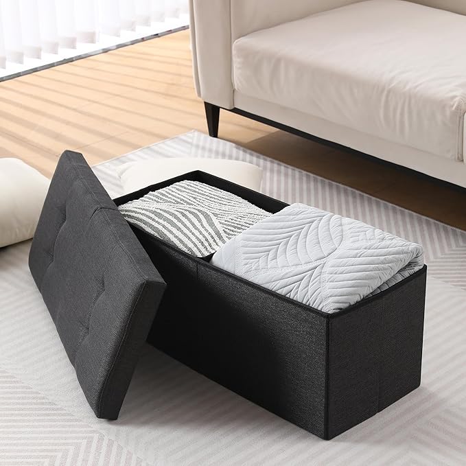 CUYOCA Storage Ottoman Bench Foldable Seat Footrest Shoe Bench End of Bed Storage with Flipping Lid, 75L Storage Space, 30 inches Linen Fabric Black