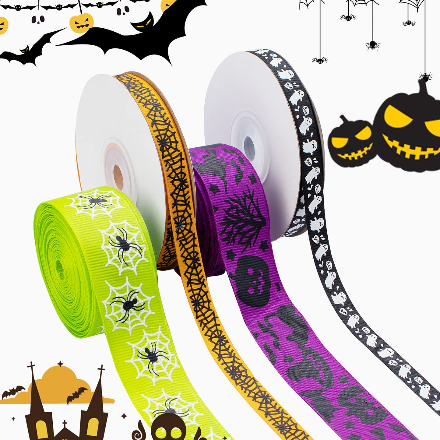 Linsoir Beads 70 Yards Halloween Grosgrain Ribbons Bat Spider Printed Ribbons Witch Hat Skull Pumpkin Ghost Printed Ribbons Assorted Halloween Decorative Wrapping Ribbons for Halloween Home Wreath