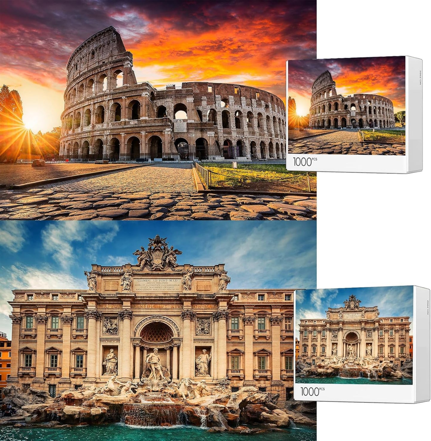 Jigsaw Puzzles 2 Pack 1000 Pieces Colosseum & Trevi Fountain Nature Impossible Challenging Puzzles for Home Decor Birthday Gifts Toy for Men Women