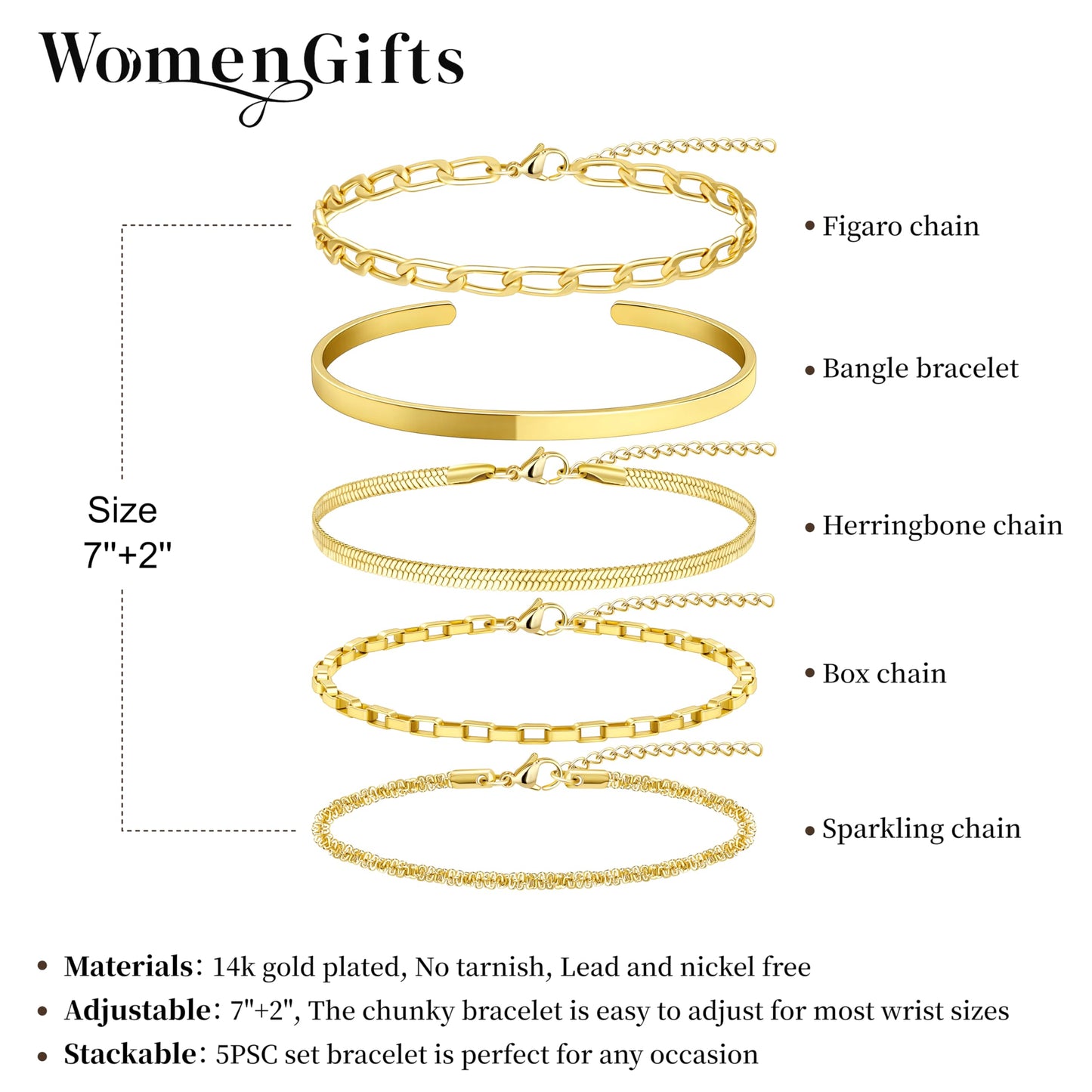 Chunky Gold Bracelets for Women Waterproof, Stack Bracelet Set Layered Chunky Bangle, Box Link, Paperclip, Herringbone, Sparkling Chain, Adjustable Waterproof Non Tarnish Jewelry Gifts for Women