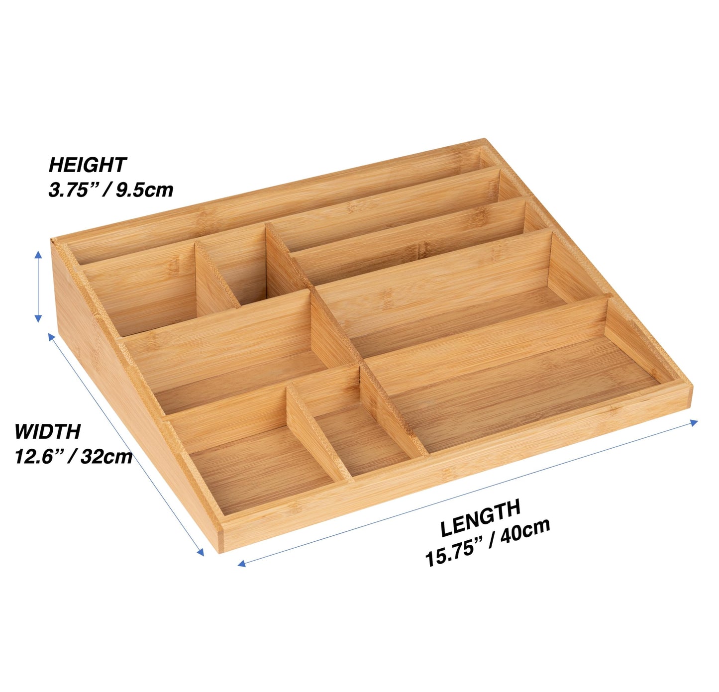 Theodore Bamboo Desktop Organizer – 10‑Compartment Natural Wood Storage Tray for Office, Home, Kitchen & Vanity – No Assembly, Water‑Resistant, Eco‑Friendly