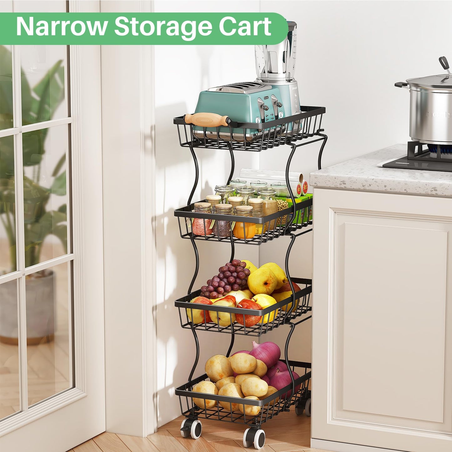 SAYZH Fruit Basket Kitchen Pantry Organizers and Storage - 4 Tier Stackable Metal Wire Basket Stand for Fruit Vegetable Snacks Jars Bins Containers Organization(Black, 4 Tiers)