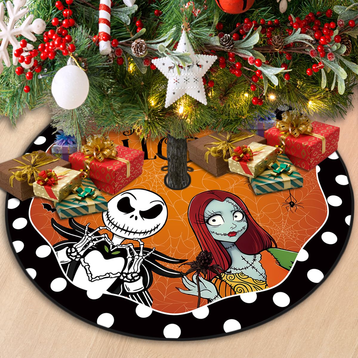 Halloween Tree Skirt 48 Inch Pumpkin Ghost Spooky Skeleton Tree Collar Halloween Decorations for Home Party