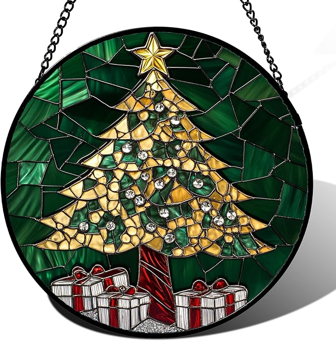 Stained Glass Window Hanging - Gold Green Christmas Tree Suncatcher for Doors Home Christmas Decoration Winter Sun Catcher Thanksgiving New Year Birthday Gifts for Women Men Mom Nana 11.8 in