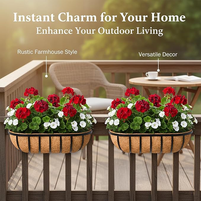 36“ Window Box Railing Planter with Coco Liner Metal Wall-Mounted Coconut Liner Planter Basket English Horse Trough Planters for Outdoor Deck Balcony Porch Fence Patio Black (2 Pack)