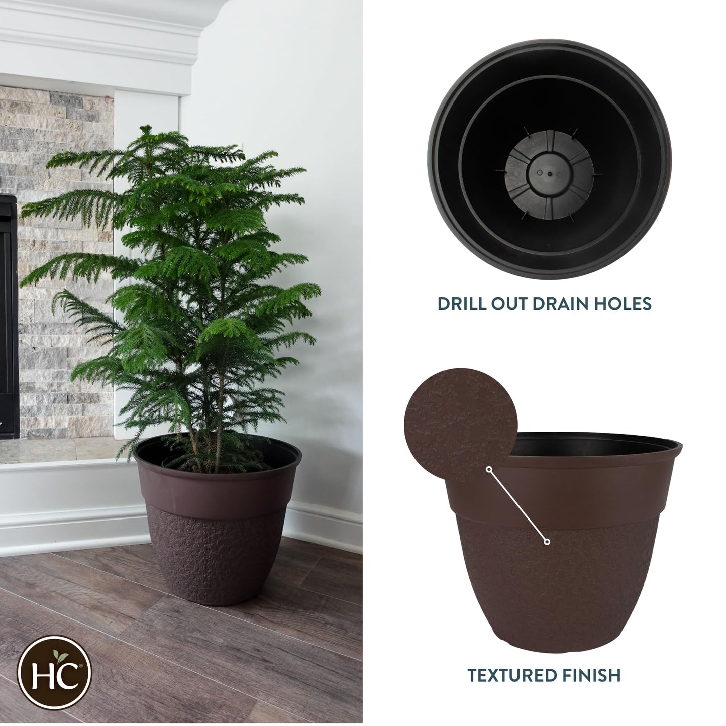 The HC Companies 16 Inch Brookhaven Decorative Round Planter - Lightweight Premium Resin Plant Pot with a Stonelike Texture for Indoor Outdoor Use, Brown