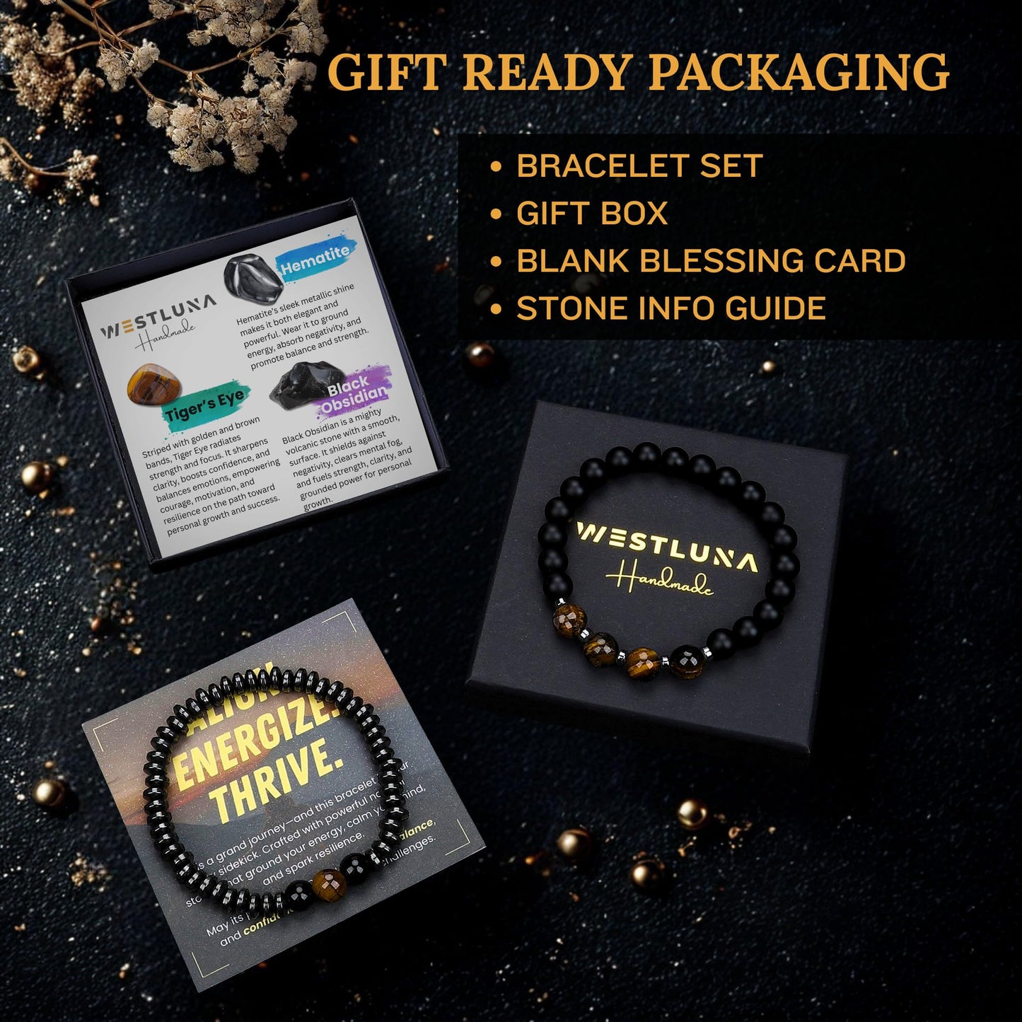 WestLuna Magnetic Healing Bracelet Set – Adjustable Magnetic Hematite Bracelets for Women Men, Slimming Crystal Chakra Energy Beaded Bracelet Gift(Tiger's Eye, Medium)