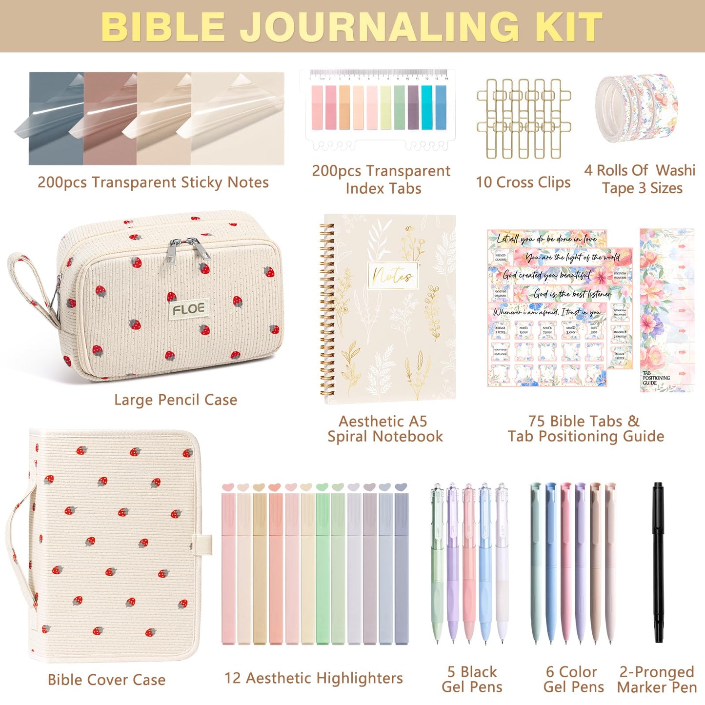 Bible Study Supplies Journaling Kit for Women with Bible Cover Case, Mothers Day Christian Gifts for Women Mom, Bible Study Tools Accessories Set w/Highlighter Pen, Pencil Case Notebook Annotation Kit