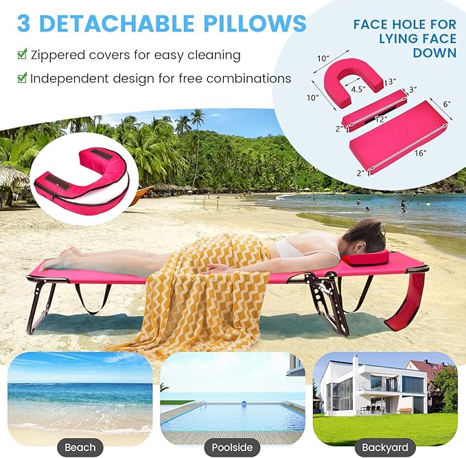 GYMAX Tanning Chair, 350lbs Beach Lounge Chair with Face Hole, Washable Pillow & Carry Strap, Adjustable Folding Chaise Lounge, Layout Chair for Outside, Patio, Poolside, Lawn (1, Pink)