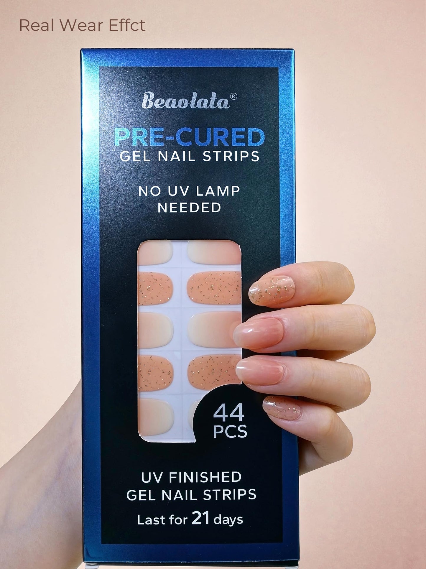 Beaolata Real Gel Nail Strips (No UV Light Needed) - 44Pcs Salon Quality Nail Stickers - Long Lasting Polish Wraps for Women, Easy Apply & Remove (Crush Gold）