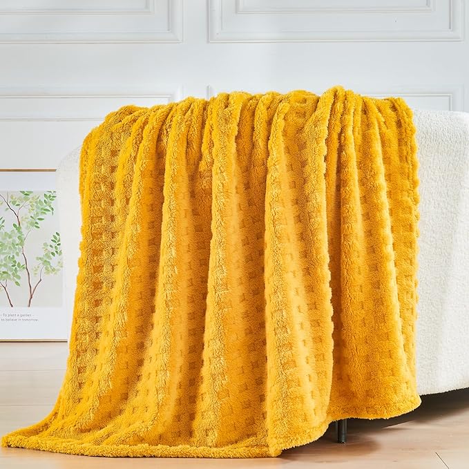 NEWCOSPLAY Super Soft Twin Blanket Yellow Premium Silky Flannel Fleece 3D Waffle Checkered Lightweight Bed Blanket All Season Use (Mustard Yellow, Twin(60"x80"))