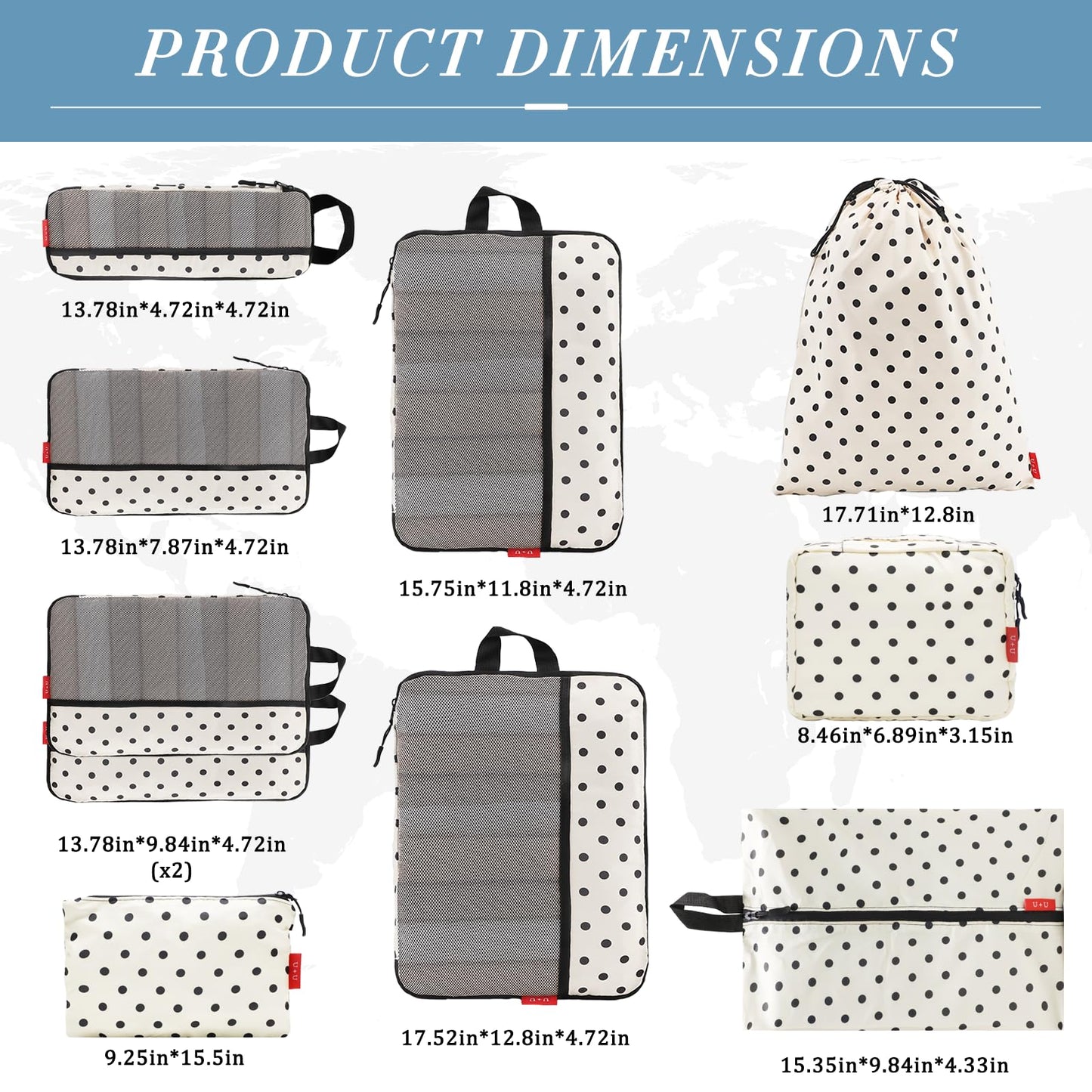 U+U 10 Set Compression Packing Cubes - Travel Organizers with Laundry Bag, Space-Saving Suitcase Organizer, Expandable Packing Organizers for Travel Essentials (Polka Dot)