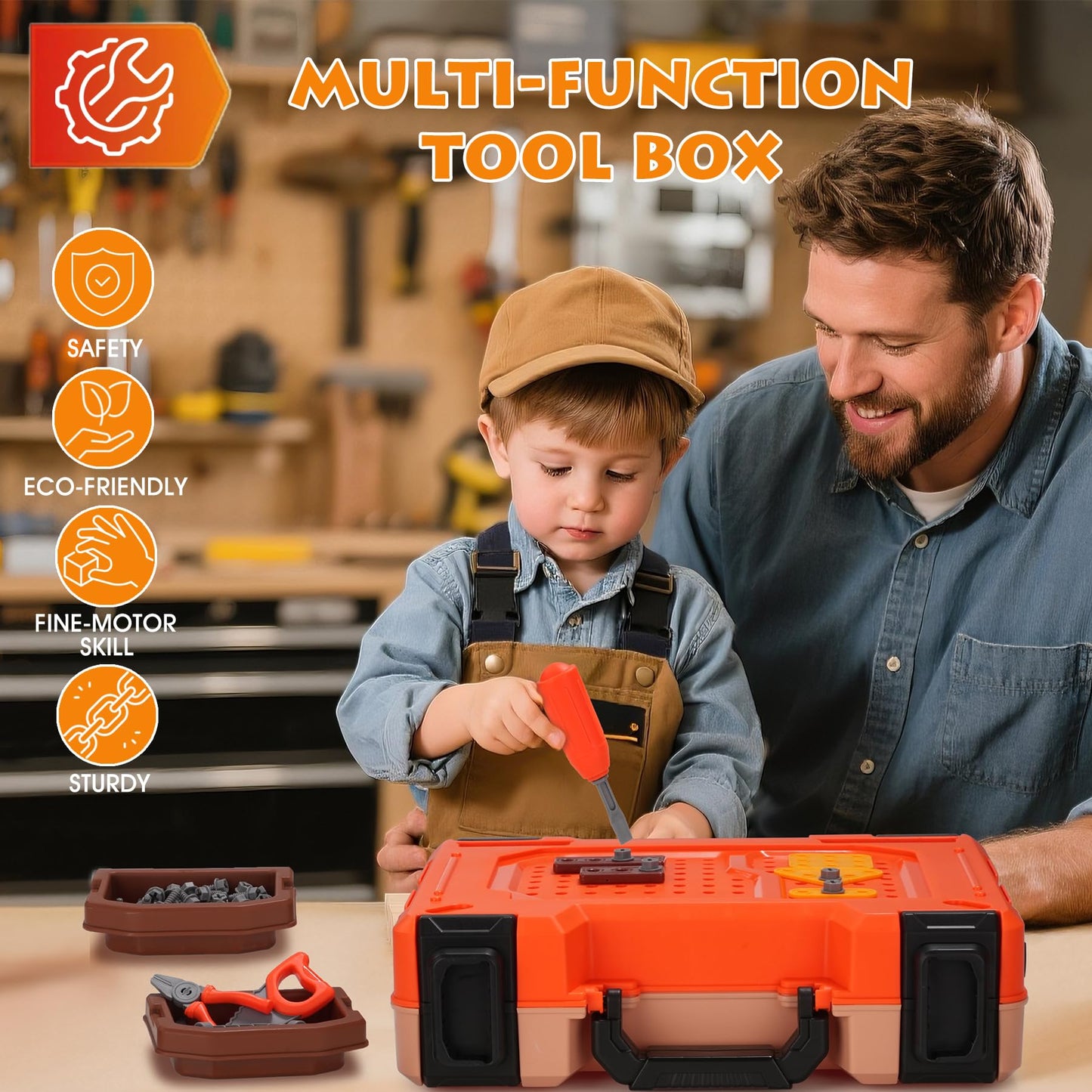 REXBETI Kids Tool Bench with Realistic Electric Drill and Tool Box, Pretend Play Kids Workbench Construction Kits, Toddler Tool Set, Birthday Gifts for Ages 3-8 Years Old