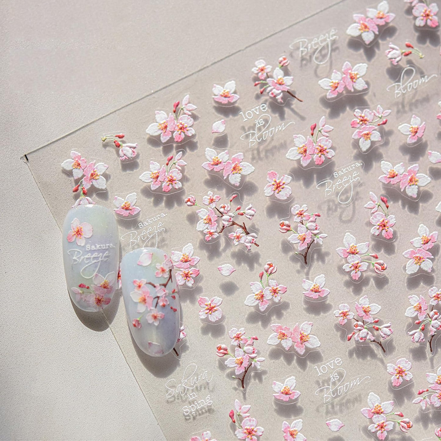 Pink Flower Nail Stickers for Nail Art 5D Embossed Nail Decals Cherry Blossoms Nails Art Stickers Summer Nails Supplies White Floral Nails Art Decoration