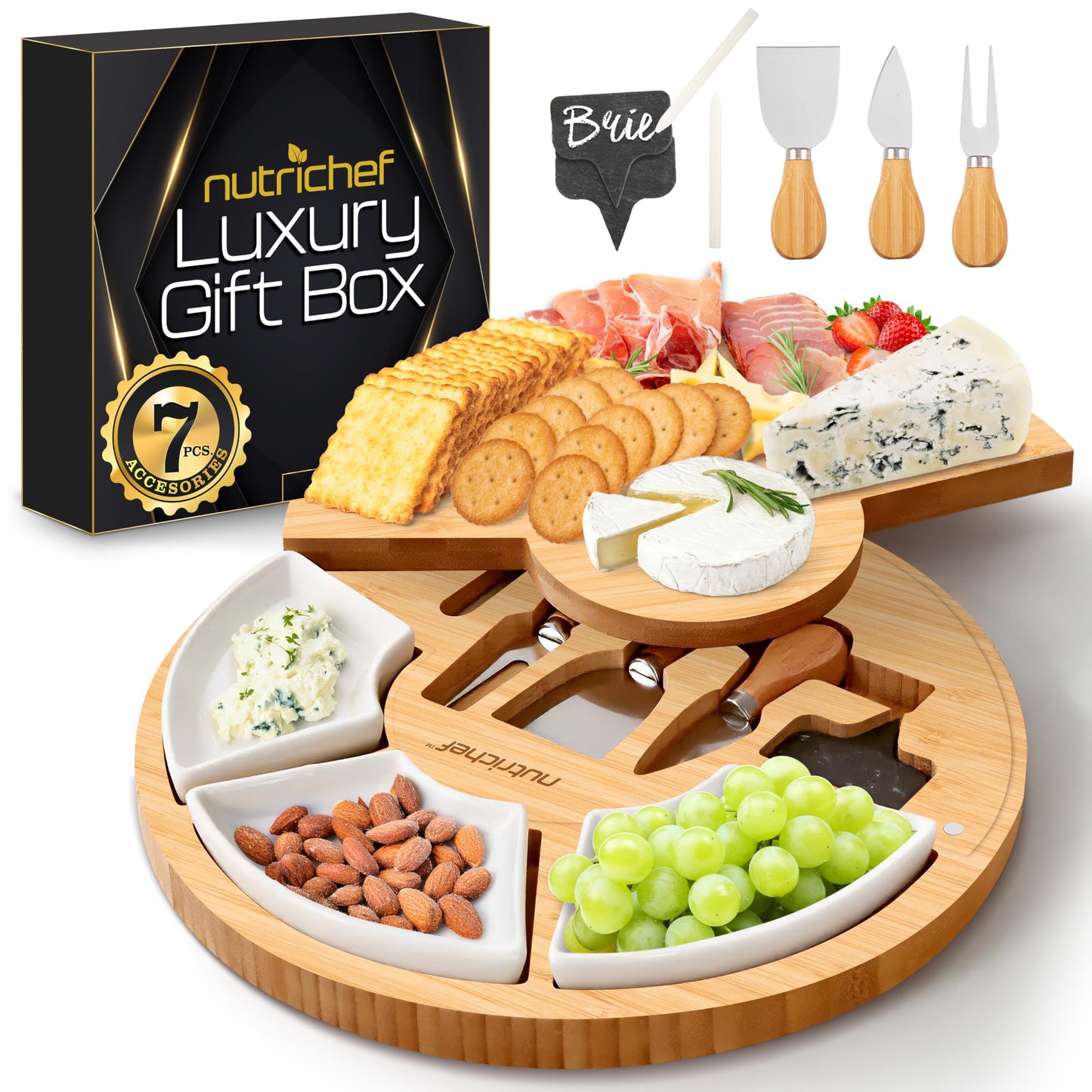NutriChef Bamboo Natural Cheese Board Set with Bonus Condiment Cup-Extra Large Size 100% Home Organic Wooden Plate and Charcuterie Tray with 4 pcs Cutting Knife Slicer, 13" Round