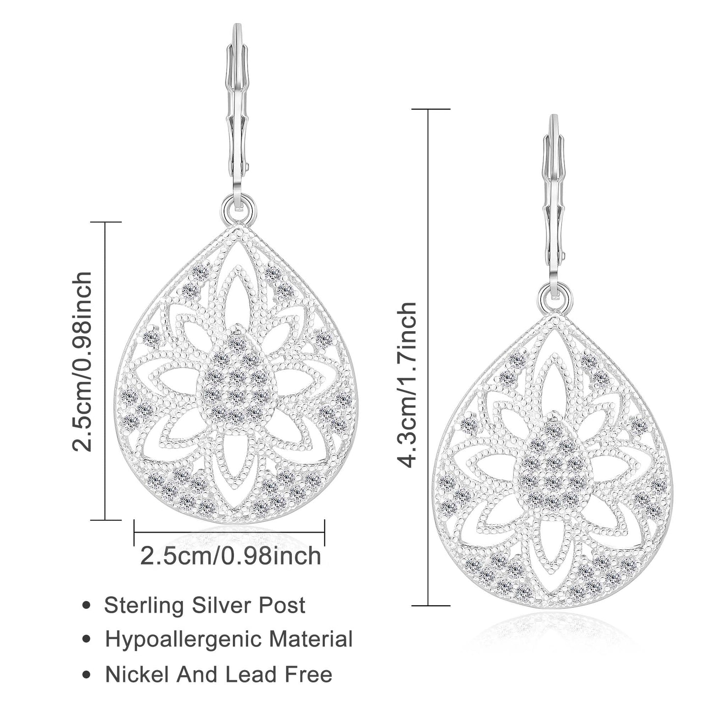 Teardrop Earrings for Women Silver Dangle Earrings Hypoallergenic Sterling Silver Drop Earring for Gifts (Filigree-B-S)
