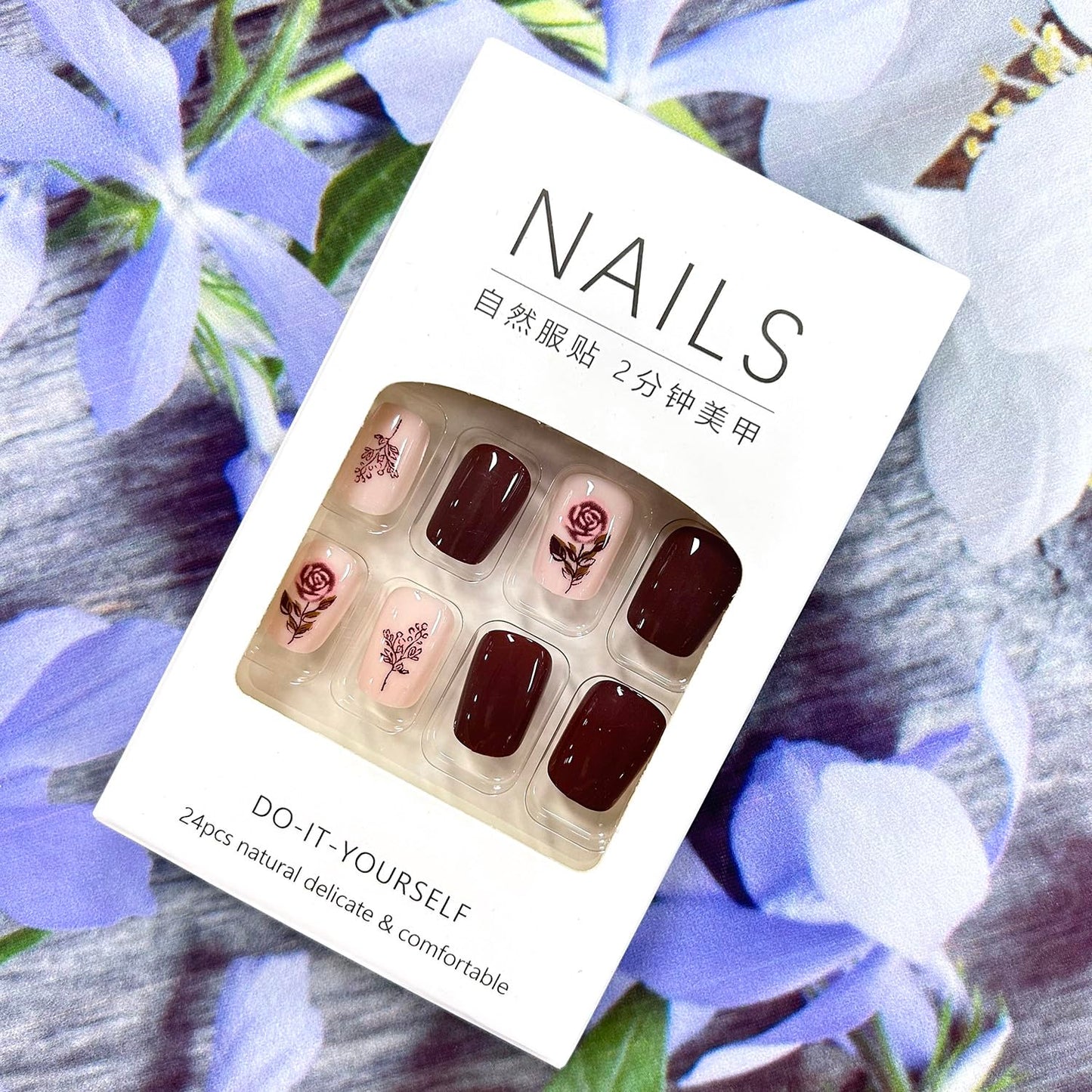 CJDLTS Press-on Nails - Short, Square Rose Flower Design, Full Cover Glossy Acrylic Coffin Nails, 24 Pcs