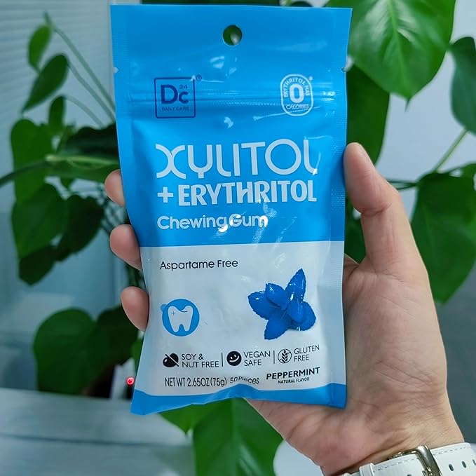 DC24 DAILY CARE Gum, Aspartame Free & Sugar Free Gum, Xylitol Chewing Gum with Erythritol, Low-Calorie, Sugarless, Natural Peppermint, 50 Pieces (Pack of 3)