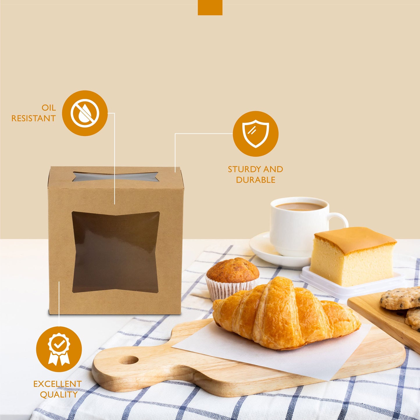 Fit Meal Prep 25 Pack Cake Boxes with Window 8x8x4 Auto Pop-Up Bakery Containers for Dessert, Cookies, and Pastry Gift Treat Box for Packaging Cake Carrier for Valentine's Day, Christmas Kraft