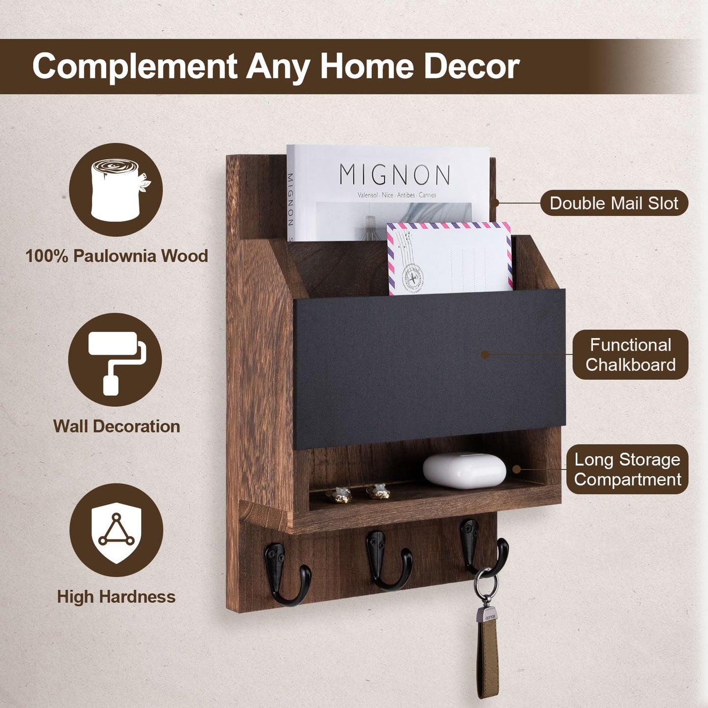 Lucundm Key and Mail Holder for Wall, Key Holder with Chalkboard and Long Storage Box, Key Hanger with 3 Sturdy Hooks for Coat, Dog Leash, Entryway Mail Organizer (Brown)