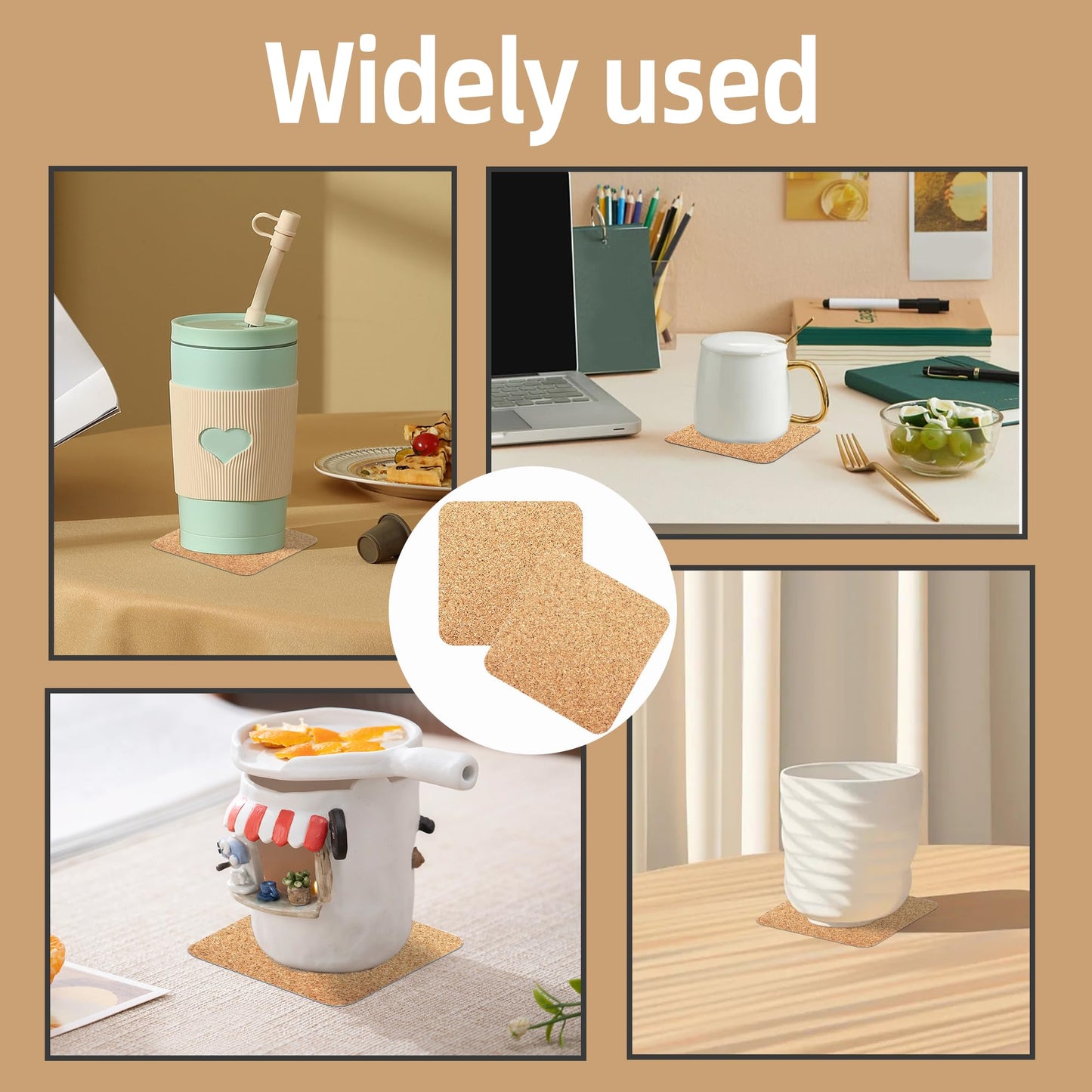 60 Pcs Self Adhesive Cork Coasters Square Rounded Corner 4 x 4 Cork Mats Backing Sheets for DIY Coasters Crafts Backing Tiles Supplies(Square)