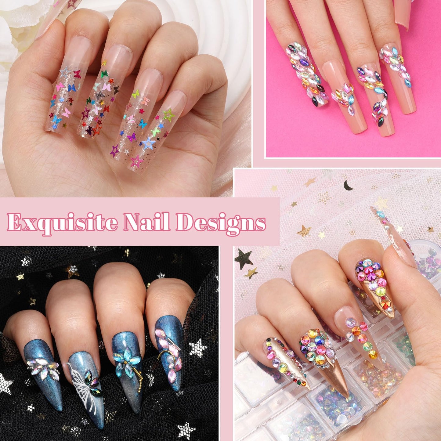 12 Boxes Nail Art Kit with Nail Charms, Gems, Rhinestones & Studs - Flatback Rhinestones, 3D Gold/Silver Charms, White Half Pearls, Pink Flower Charms, Star/Butterfly Sequins + 4 Tools for DIY Crafts