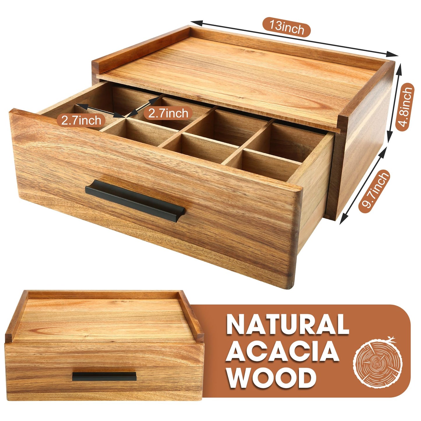 Acacia Wood Tea Bag Organizer - 12-Compartment Capacity Tea Box Organizer Storage Box with Drawer, Tea Accessories for Tea Bags Storage Drawer, Tea Station for Countertop