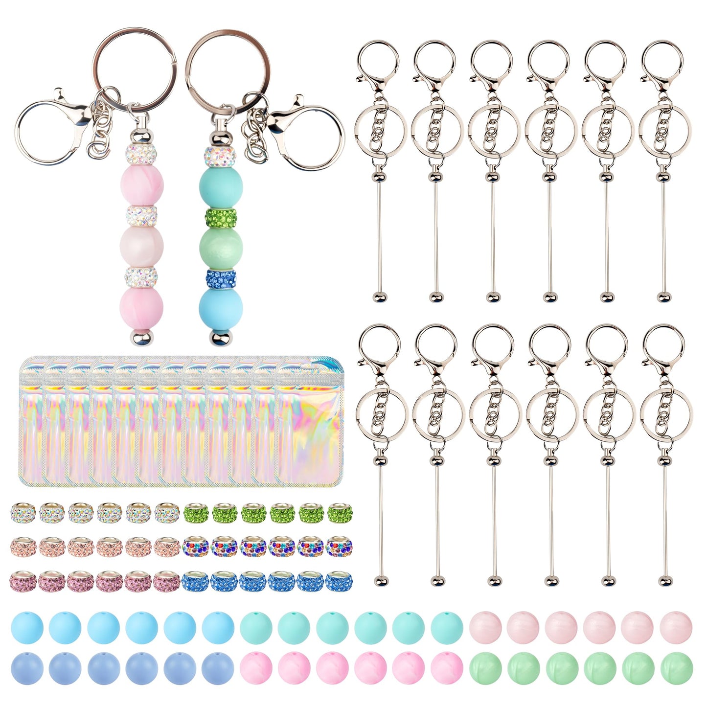 Qoroos 96pcs Beadable Keychains Set Bulk for Keychain Making Kit with Beadable Keychain Bar Silicone Beads Spacer Beads DIY Gifts for Women Men Crafts