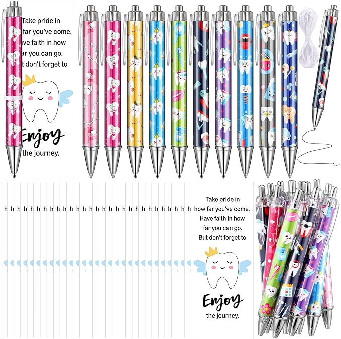 50 Sets Dental Assistant Gifts Dental Hygienist Gifts Teeth Themed Ballpoint Pens with Thanks Cards Bulk for Coworkers Women Doctor Nurse Graduation Accessories Dentist Office Staffs Favors