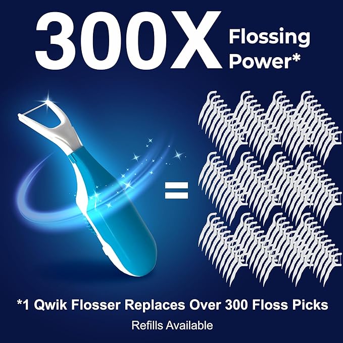 QWIK Automatic Dental Flosser | Click-to-Use, Reusable & Refillable | Pre-Loaded Floss with Travel Cover | Easy Flossing for Plaque Removal, Clean Teeth & Fresh Breath (Light Blue)