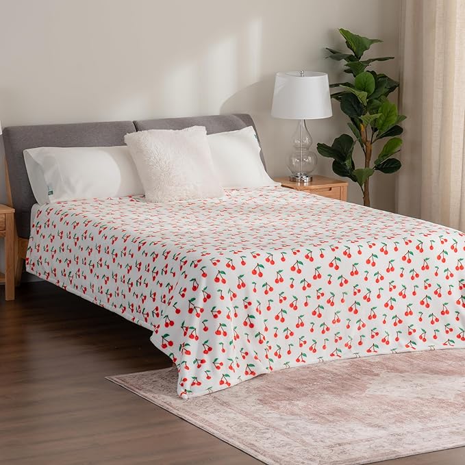 Berkshire Blanket-Classic Heavyweight Warm Soft Printed VelvetLoft® Plush Blanket, King Size Soft Fuzzy Blanket for Couch Sofa Bed, Cherries Toss White, 90in x 108in