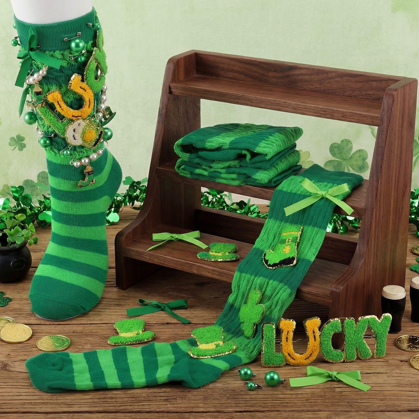 Chicingyou 40 Pcs St. Patrick's Sock and Charms Kit for Women Include 2 Pairs DIY Irish Socks 38 St. Patricks Charms Accessories Jewelry Decor Irish Chenille Patches Brooch Green Shamrock Patrick Gift